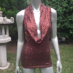 BCBG MaxAzria sequin neck scoop stretch top $298 S